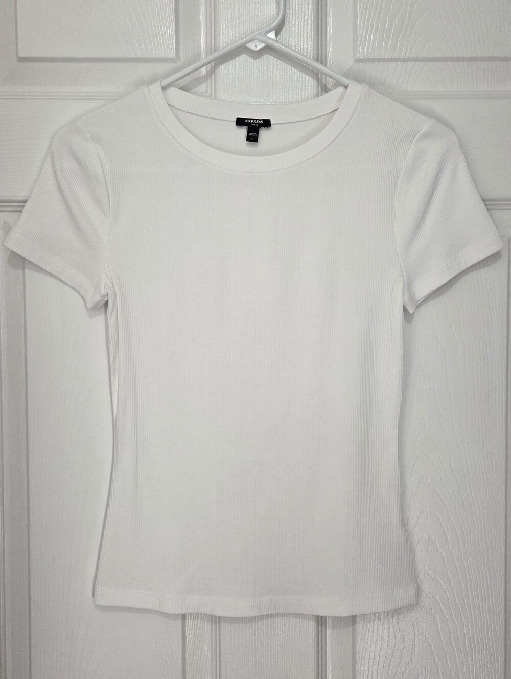 Express Women Fitted Ribbed Crew Neck Short Sleeve White Tee Shirt Size Small